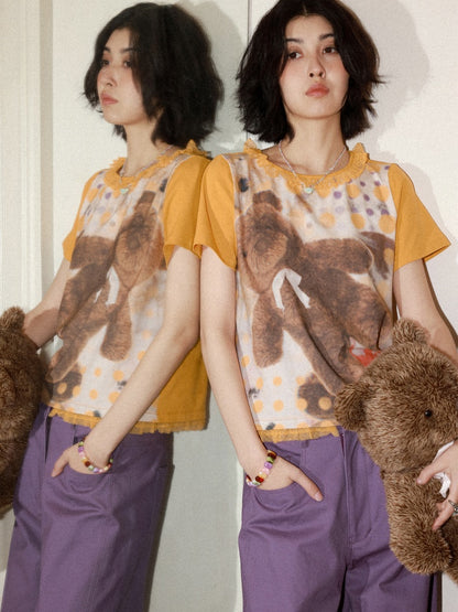 Polka Dot Bear Print Short-Sleeved T-Shirt【s0000016296】