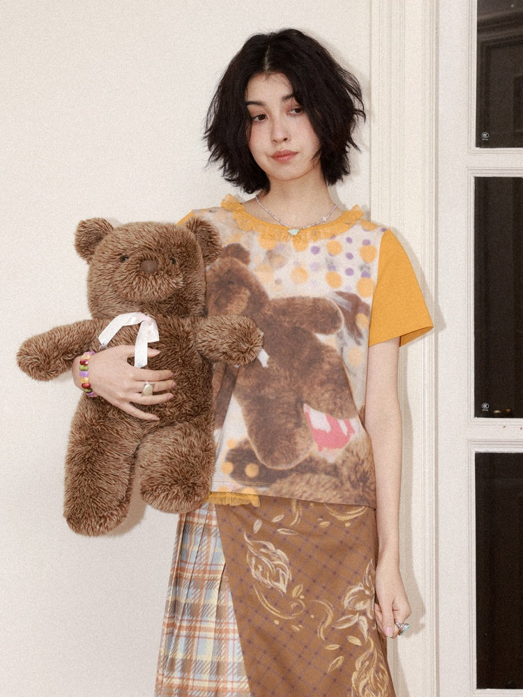 Polka Dot Bear Print Short-Sleeved T-Shirt【s0000016296】