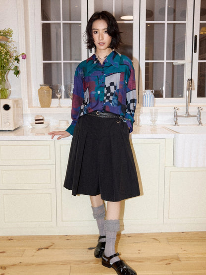 Multi-Colored Mid-Length A-Line Pleated Culottes【s0000016298】