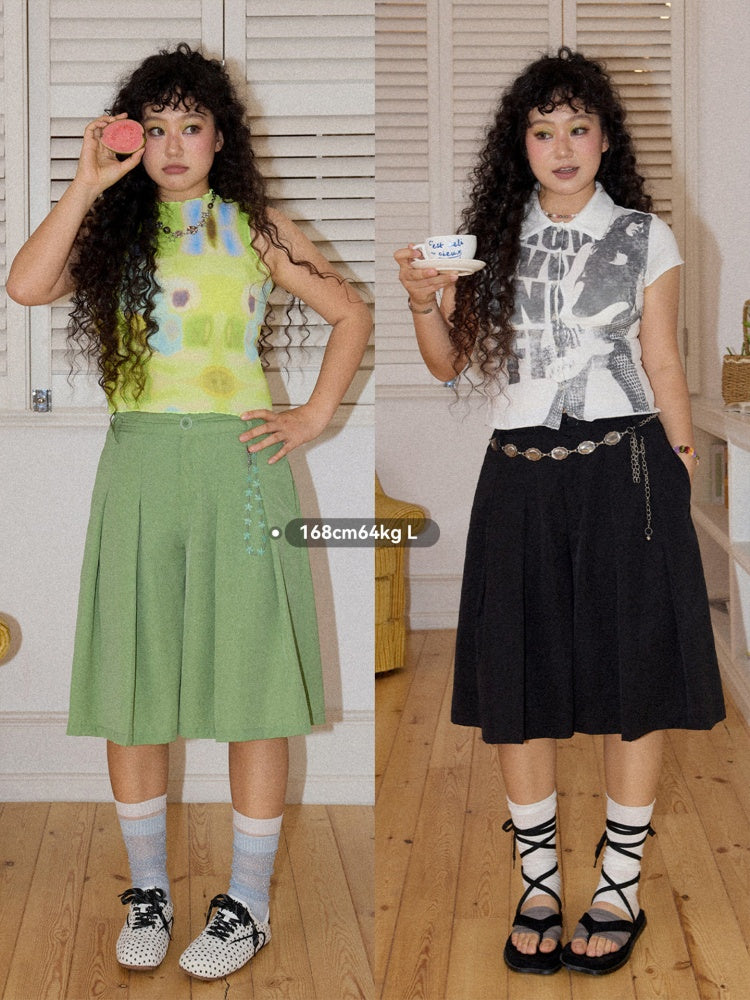 Multi-Colored Mid-Length A-Line Pleated Culottes【s0000016298】