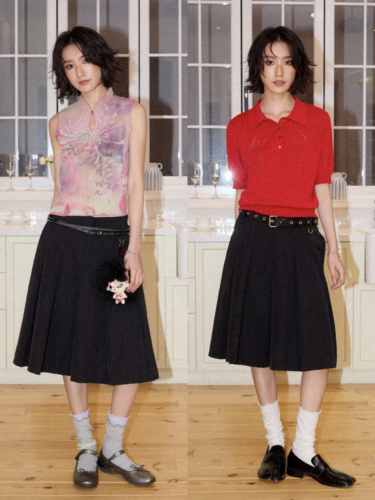 Multi-Colored Mid-Length A-Line Pleated Culottes【s0000016298】