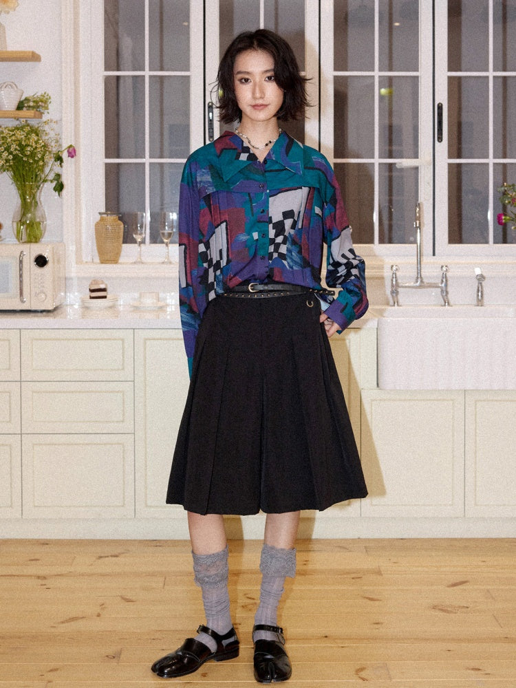 Multi-Colored Mid-Length A-Line Pleated Culottes【s0000016298】