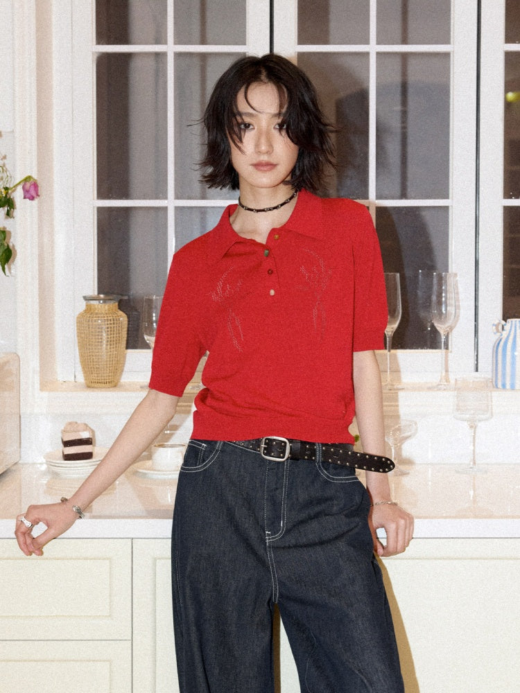 Bead Button Drilled Carved POLO Shirt【s0000016299】