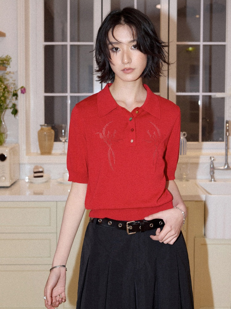 Bead Button Drilled Carved POLO Shirt【s0000016299】