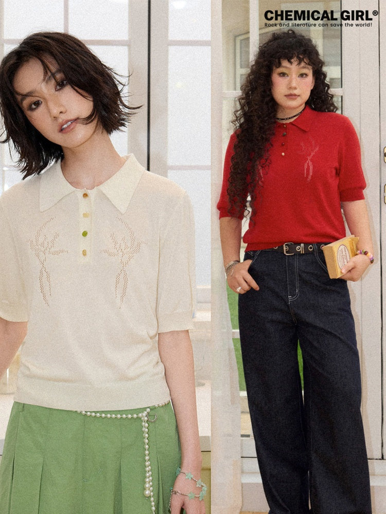 Bead Button Drilled Carved POLO Shirt【s0000016299】