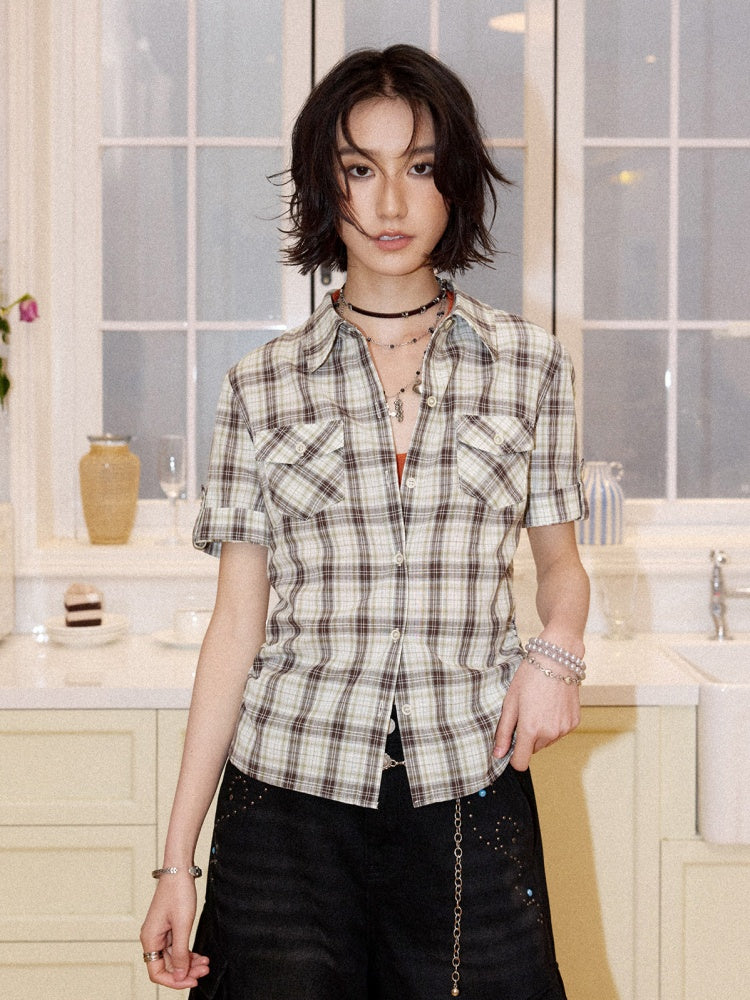 Plaid Pleated Waist Short-Sleeved Shirt【s0000016300】