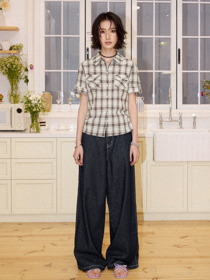 Plaid Pleated Waist Short-Sleeved Shirt【s0000016300】
