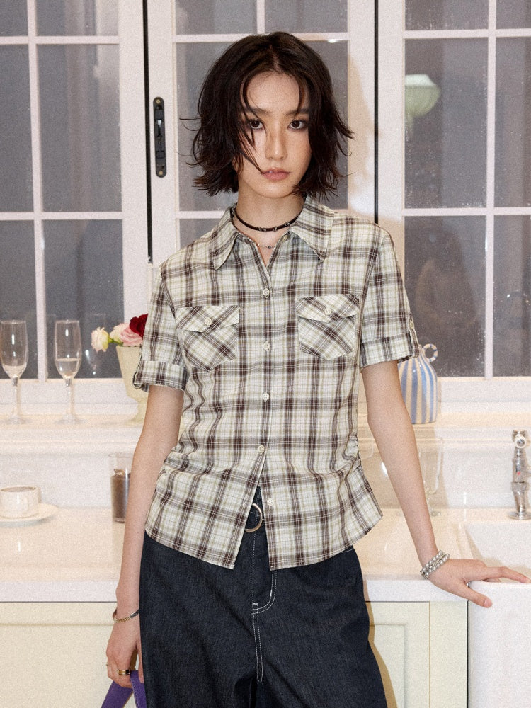 Plaid Pleated Waist Short-Sleeved Shirt【s0000016300】