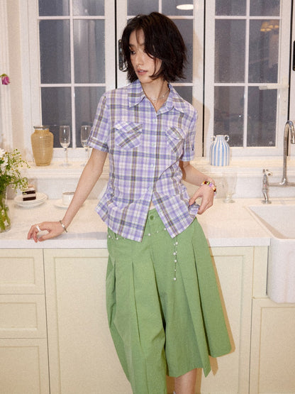 Plaid Pleated Waist Short-Sleeved Shirt【s0000016300】