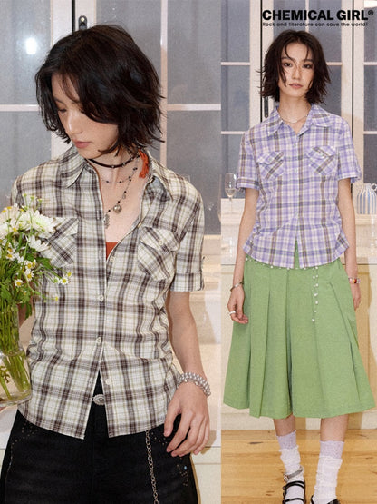 Plaid Pleated Waist Short-Sleeved Shirt【s0000016300】