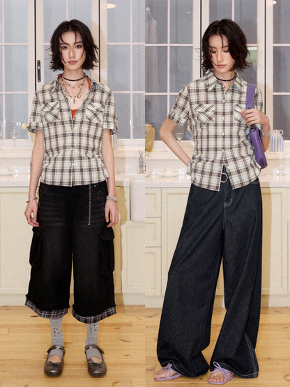 Plaid Pleated Waist Short-Sleeved Shirt【s0000016300】