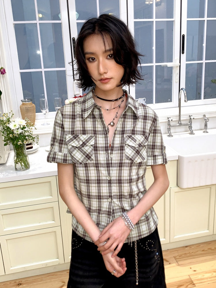 Plaid Pleated Waist Short-Sleeved Shirt【s0000016300】