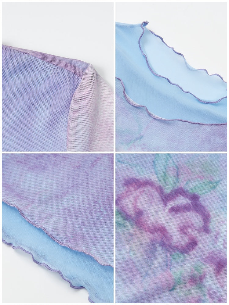 Faux Layered High Neck Mesh Printed T-Shirt【s0000016302】