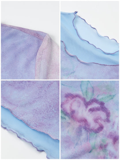 Faux Layered High Neck Mesh Printed T-Shirt【s0000016302】
