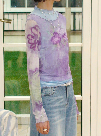 Faux Layered High Neck Mesh Printed T-Shirt【s0000016302】