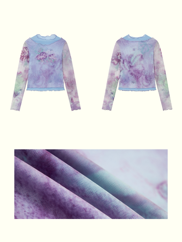 Faux Layered High Neck Mesh Printed T-Shirt【s0000016302】