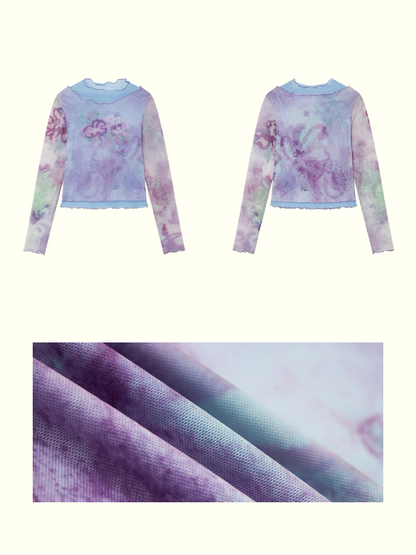 Faux Layered High Neck Mesh Printed T-Shirt【s0000016302】