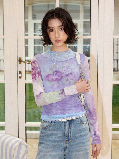 Faux Layered High Neck Mesh Printed T-Shirt【s0000016302】