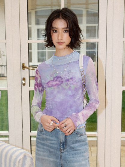 Faux Layered High Neck Mesh Printed T-Shirt【s0000016302】