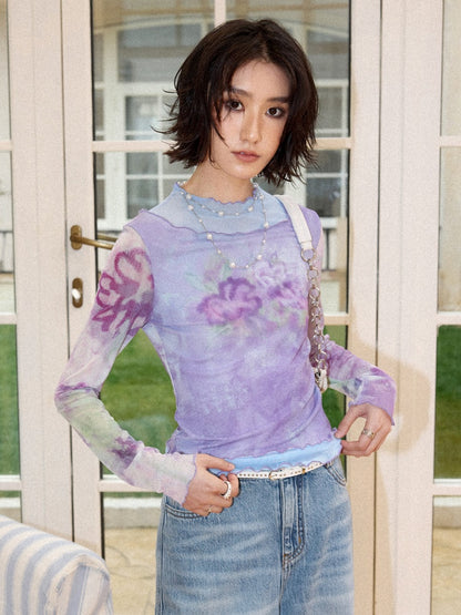 Faux Layered High Neck Mesh Printed T-Shirt【s0000016302】