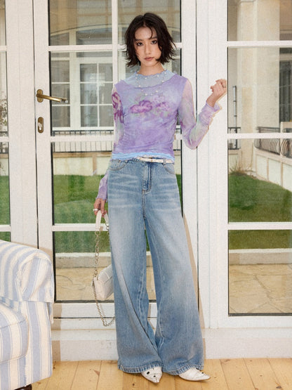Faux Layered High Neck Mesh Printed T-Shirt【s0000016302】