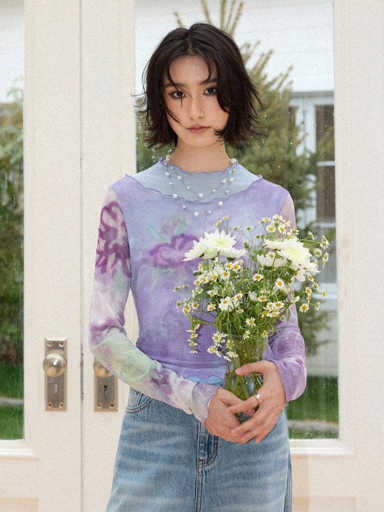 Faux Layered High Neck Mesh Printed T-Shirt【s0000016302】