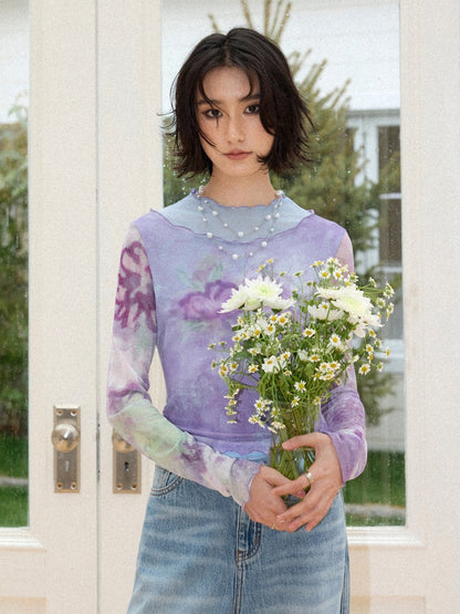 Faux Layered High Neck Mesh Printed T-Shirt【s0000016302】
