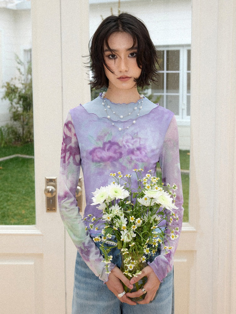 Faux Layered High Neck Mesh Printed T-Shirt【s0000016302】