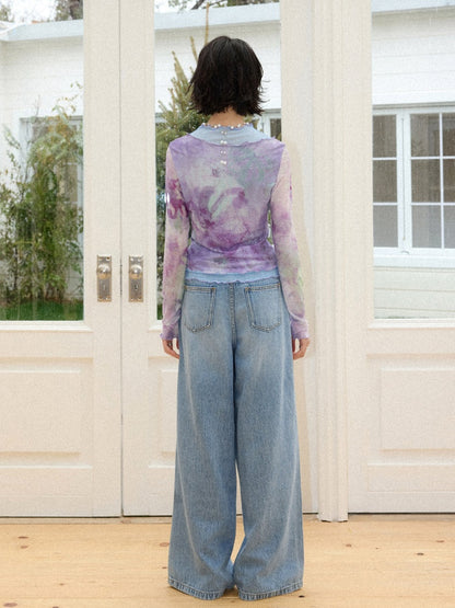 Faux Layered High Neck Mesh Printed T-Shirt【s0000016302】