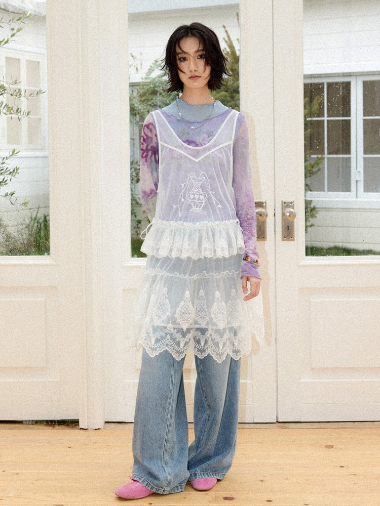 Faux Layered High Neck Mesh Printed T-Shirt【s0000016302】