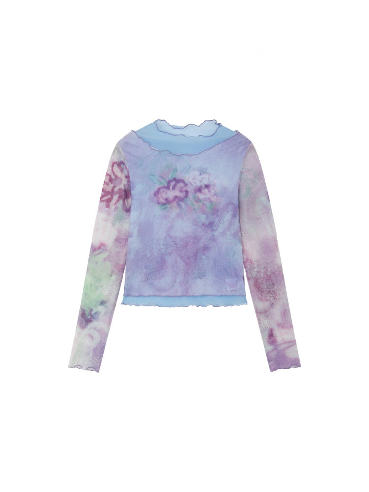 Faux Layered High Neck Mesh Printed T-Shirt【s0000016302】