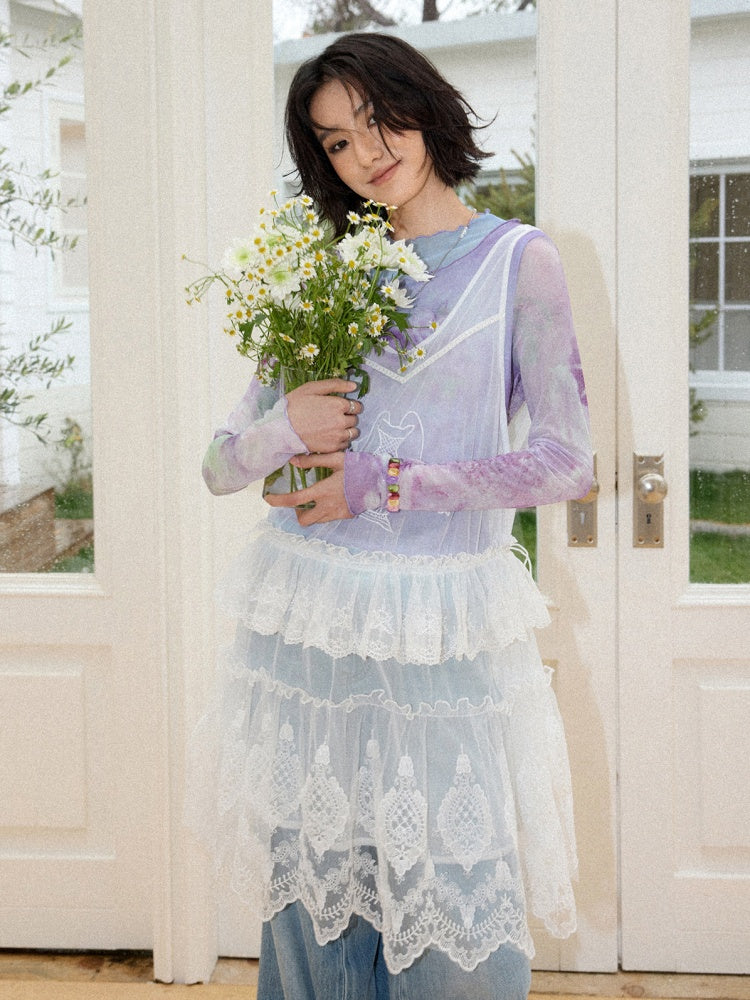 Faux Layered High Neck Mesh Printed T-Shirt【s0000016302】