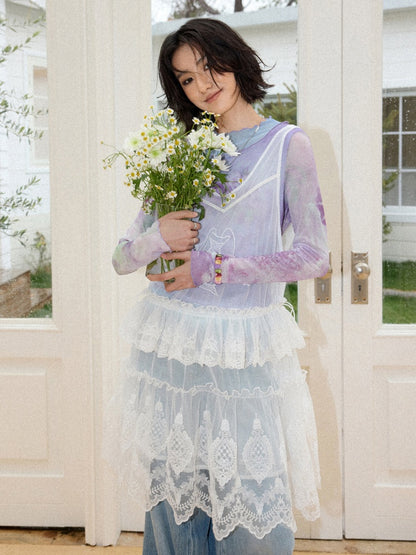 Faux Layered High Neck Mesh Printed T-Shirt【s0000016302】