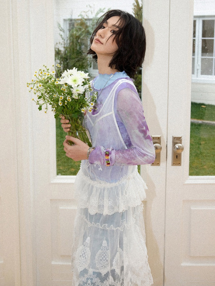 Faux Layered High Neck Mesh Printed T-Shirt【s0000016302】