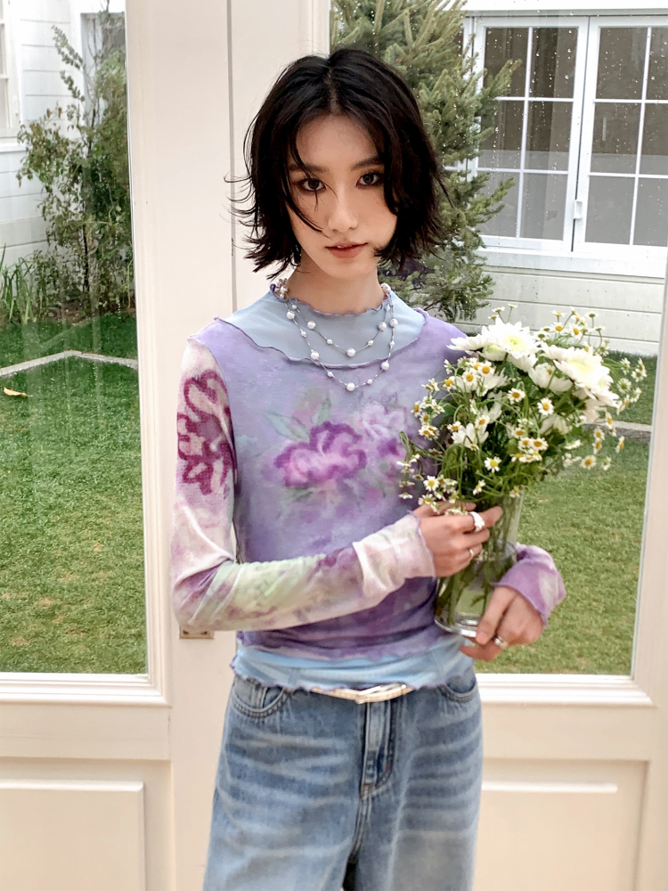 Faux Layered High Neck Mesh Printed T-Shirt【s0000016302】