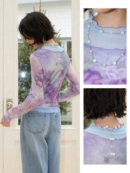 Faux Layered High Neck Mesh Printed T-Shirt【s0000016302】