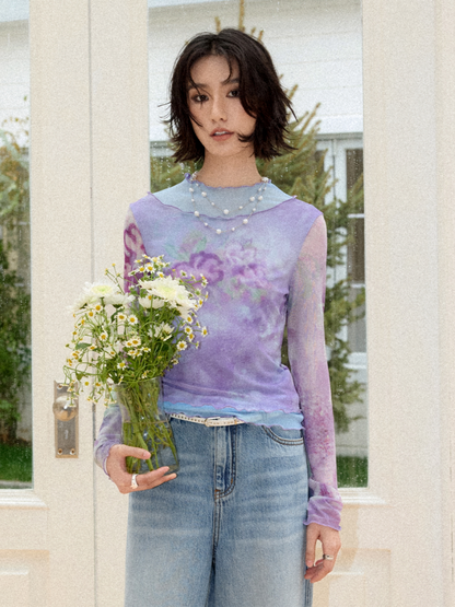 Faux Layered High Neck Mesh Printed T-Shirt【s0000016302】