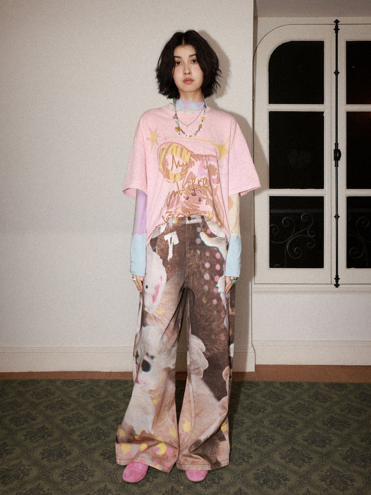 Childlike Teddy Bear Print Short-Sleeved T-Shirt【s0000016304】
