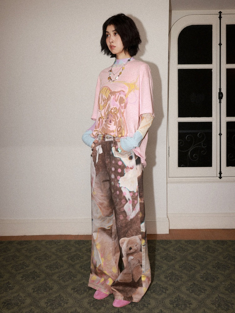 Childlike Teddy Bear Print Short-Sleeved T-Shirt【s0000016304】