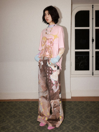 Childlike Teddy Bear Print Short-Sleeved T-Shirt【s0000016304】