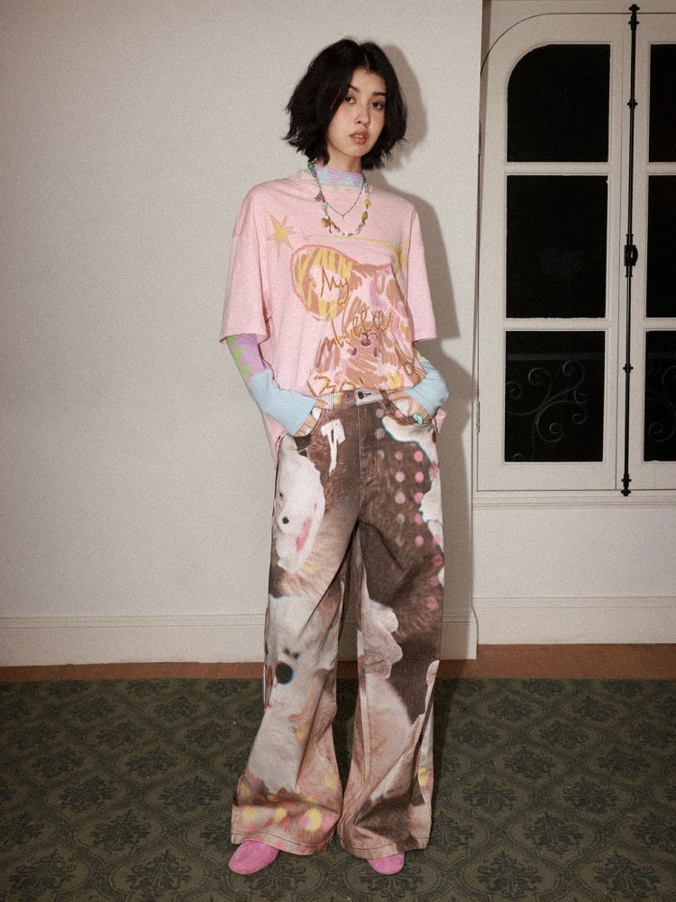 Childlike Teddy Bear Print Short-Sleeved T-Shirt【s0000016304】