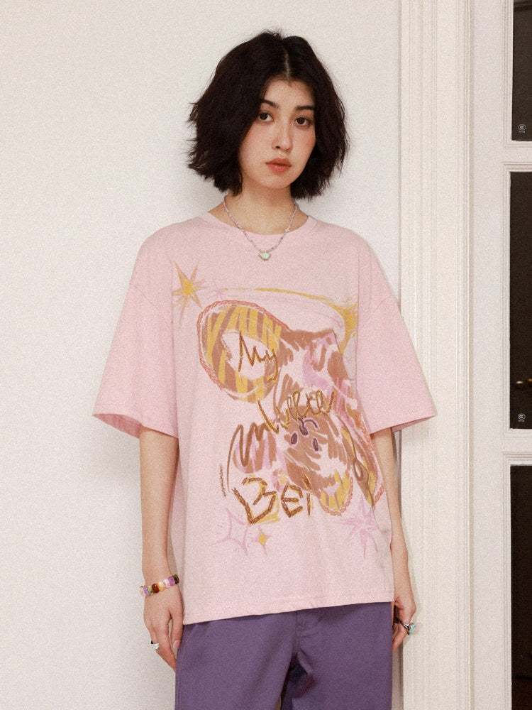 Childlike Teddy Bear Print Short-Sleeved T-Shirt【s0000016304】