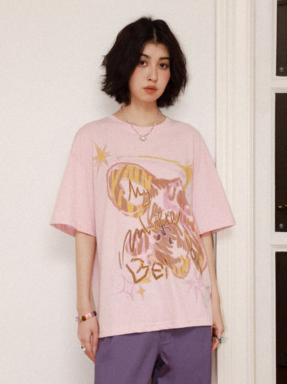 Childlike Teddy Bear Print Short-Sleeved T-Shirt【s0000016304】