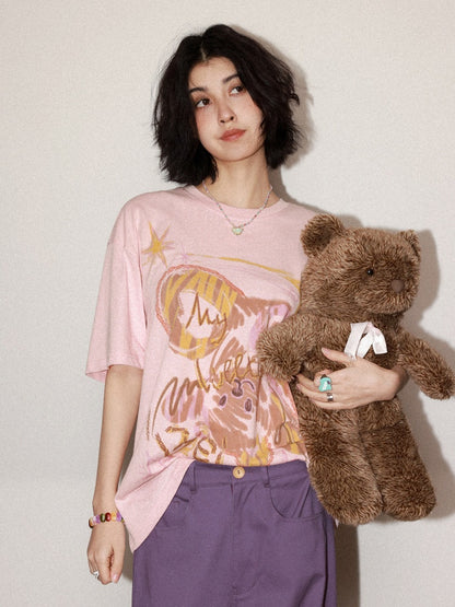 Childlike Teddy Bear Print Short-Sleeved T-Shirt【s0000016304】