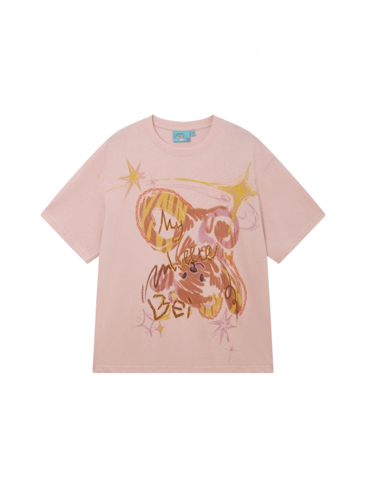 Childlike Teddy Bear Print Short-Sleeved T-Shirt【s0000016304】