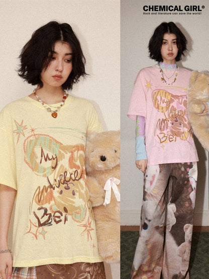 Childlike Teddy Bear Print Short-Sleeved T-Shirt【s0000016304】