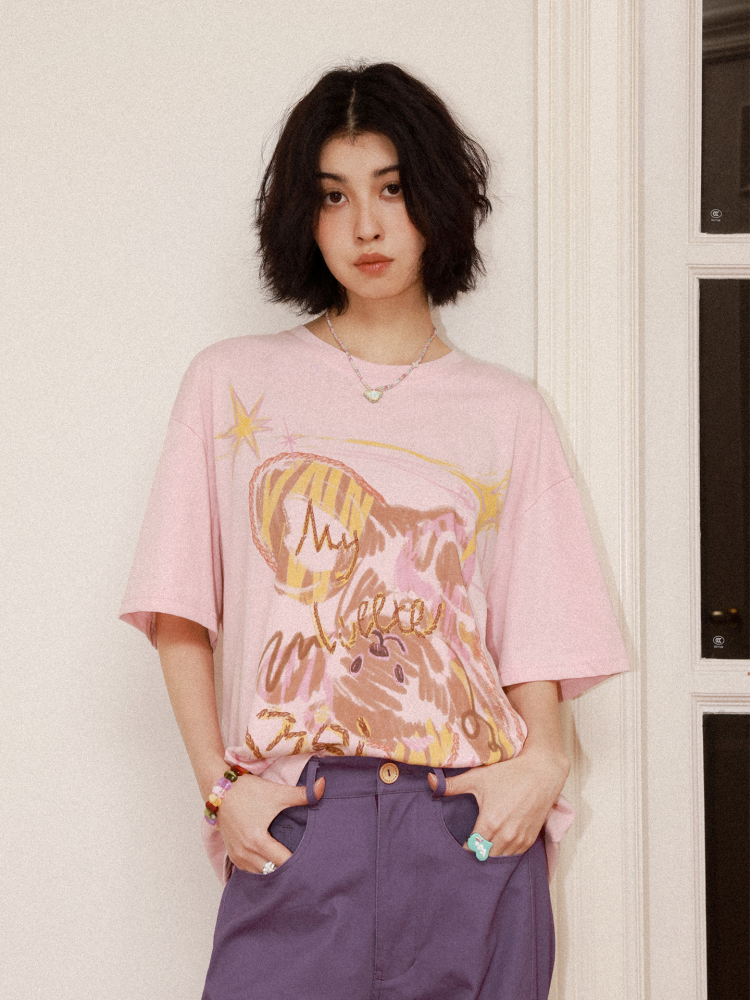 Childlike Teddy Bear Print Short-Sleeved T-Shirt【s0000016304】