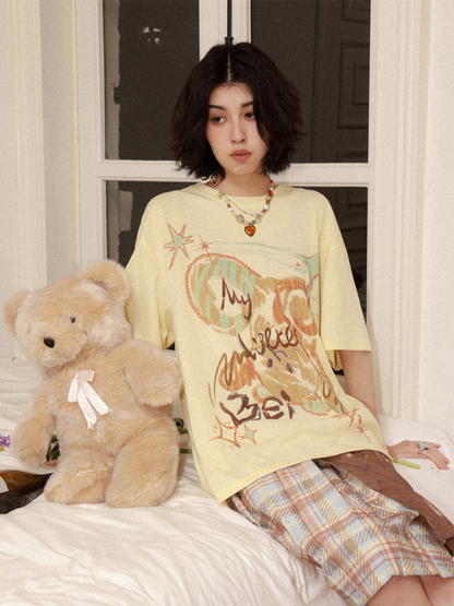 Childlike Teddy Bear Print Short-Sleeved T-Shirt【s0000016304】
