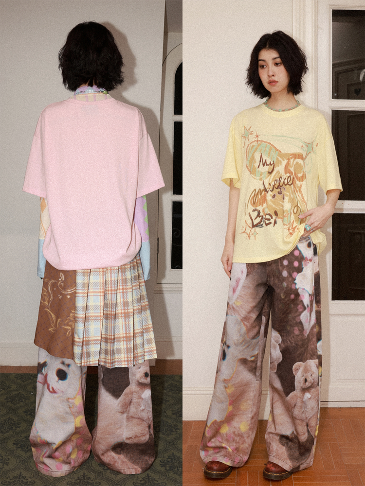 Childlike Teddy Bear Print Short-Sleeved T-Shirt【s0000016304】