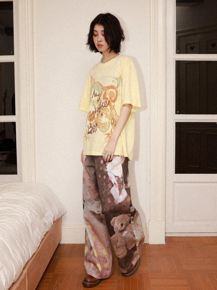 Childlike Teddy Bear Print Short-Sleeved T-Shirt【s0000016304】